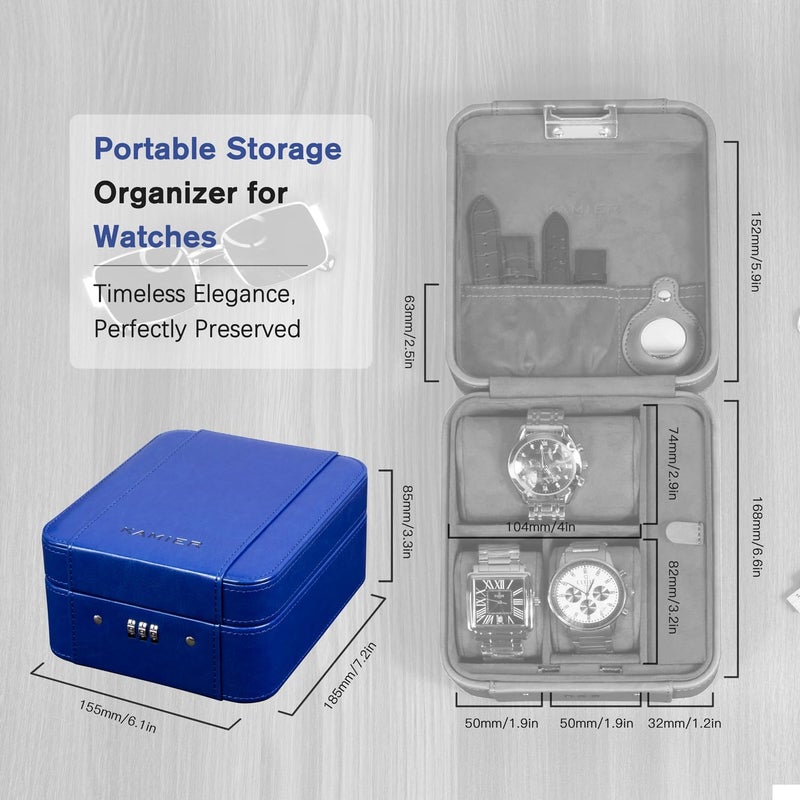 KAMIER Watch Case with Combination Lock - 4 Watch Storage and Jewelry Organizer - Watch Travel Case for Ring and Watch Storage, PU Leather Travel Watch Case, Ideal for Gift (With Gift Box),Blue - Image 5